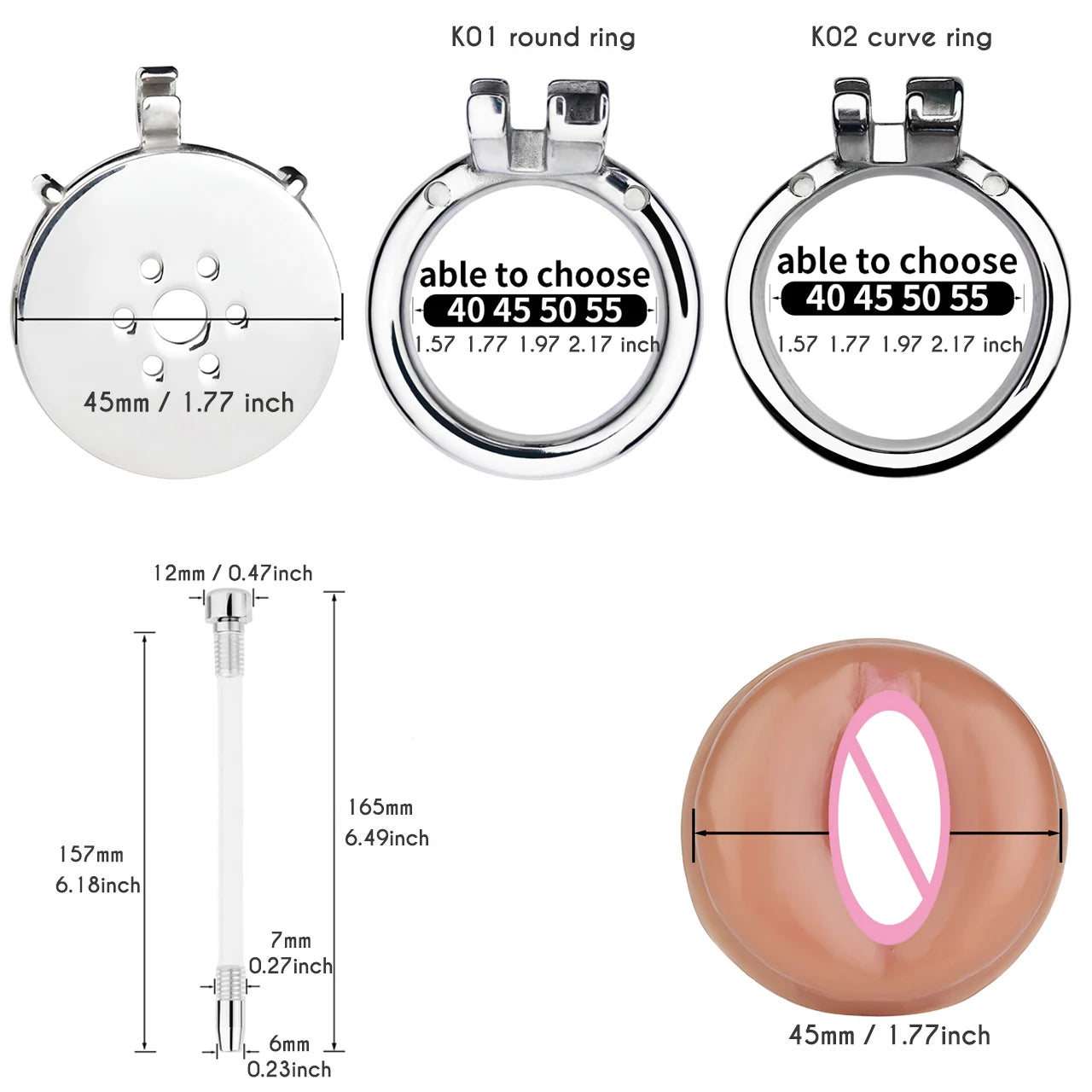 Detachable Small Pussy Flat Chastity Cage with Silicone/Metal Urethral Catheter Fake Vagina Cock Cage