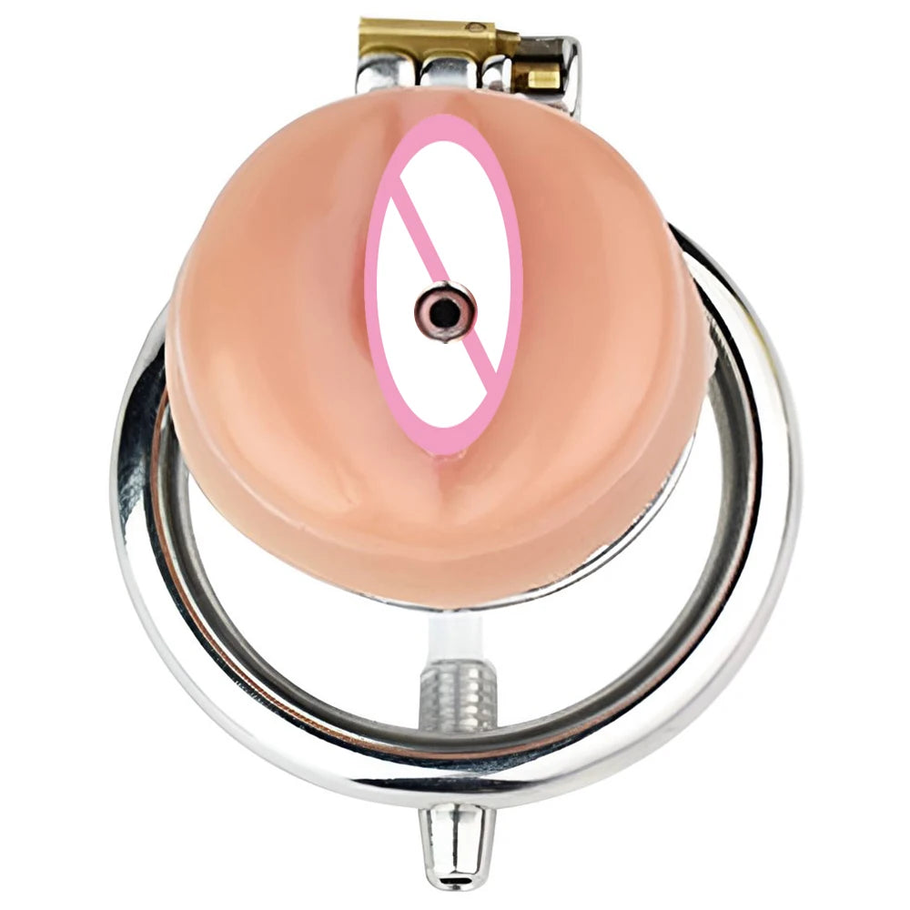 Detachable Small Pussy Flat Chastity Cage with Silicone/Metal Urethral Catheter Fake Vagina Cock Cage