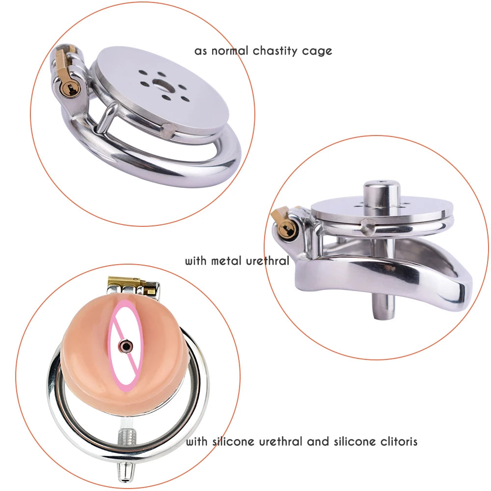 Detachable Small Pussy Flat Chastity Cage with Silicone/Metal Urethral Catheter Fake Vagina Cock Cage