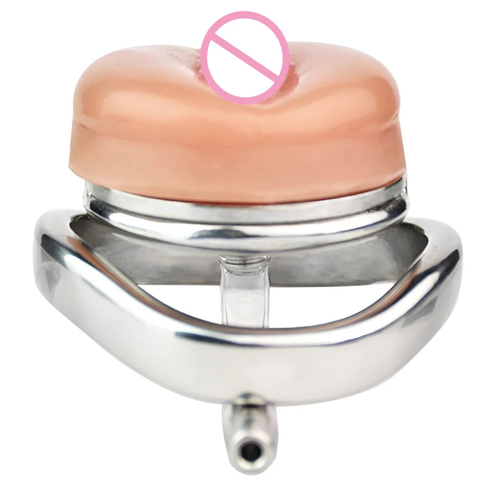 Detachable Small Pussy Flat Chastity Cage with Silicone/Metal Urethral Catheter Fake Vagina Cock Cage