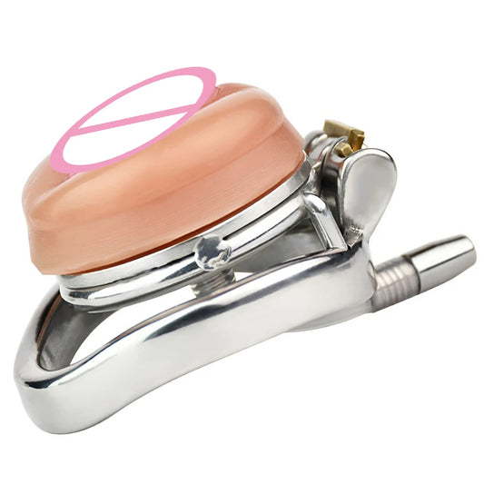 Detachable Small Pussy Flat Chastity Cage with Silicone/Metal Urethral Catheter Fake Vagina Cock Cage