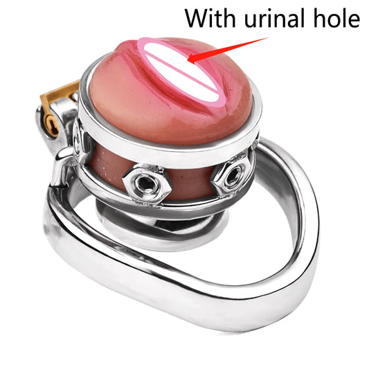 Vagina Shape Sissy Metal Chastity Cage with Urinal Hole - InvertedChastity