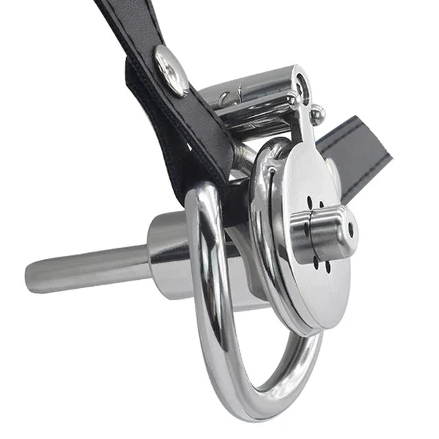 Inverted Chastity Cage with Metal Urethral Catheter and PU Belt Negative Cock Cage Male Chastity Device