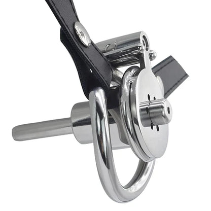 Inverted Chastity Cage with Metal Urethral Catheter and PU Belt Negative Cock Cage Male Chastity Device