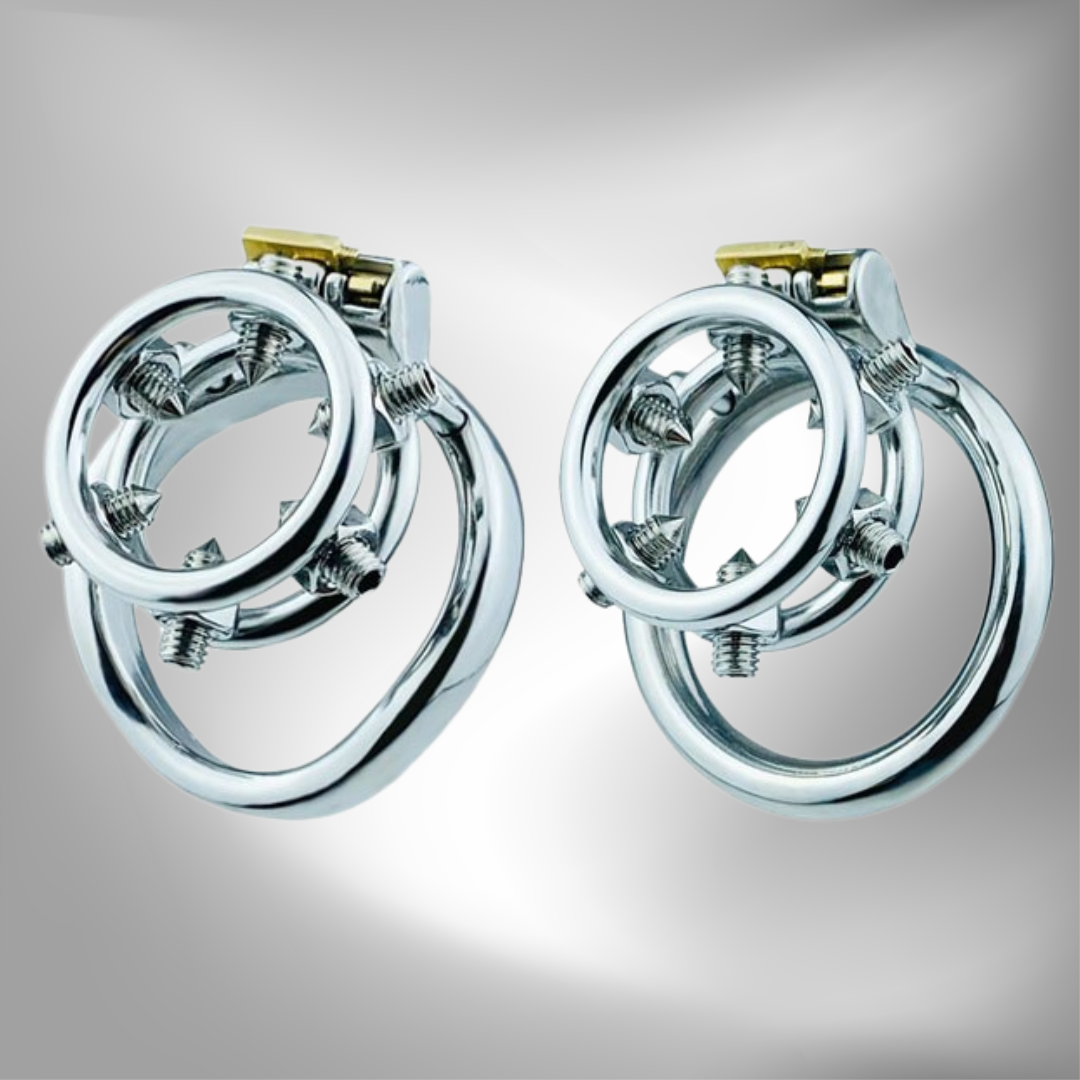 Spiked Chastity Cage - Bolted Metal Cock Cage with 4 Snap Ring Sizes For Option