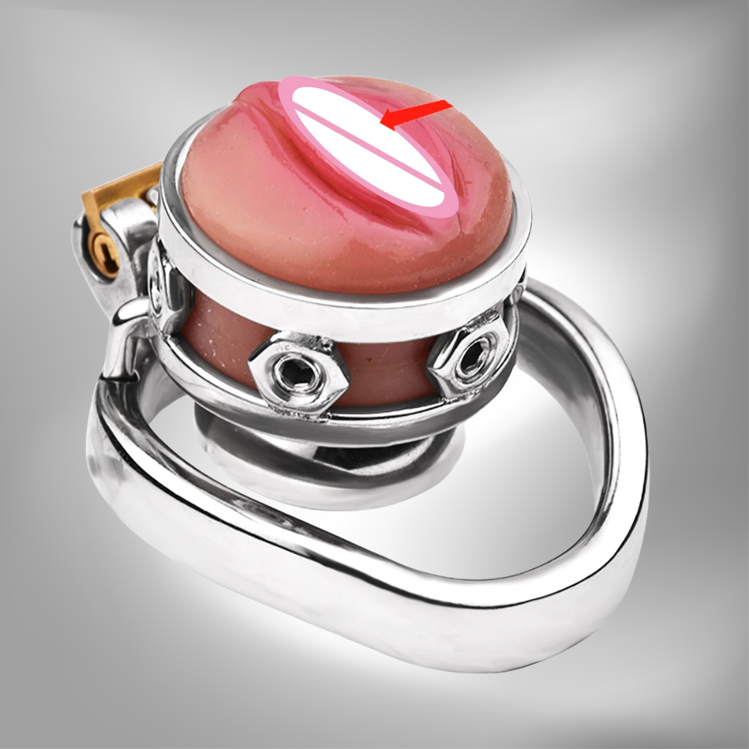 Vagina Shape Sissy Metal Chastity Cage with Urinal Hole - InvertedChastity