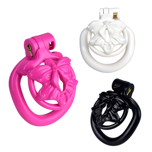 Butterfly Flat Chastity Cage with 4 Penis Rings - Black/Pink/White