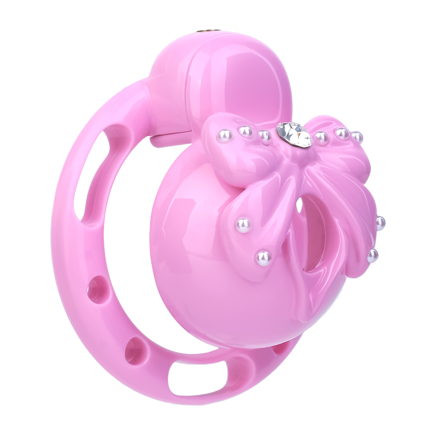 Pink Sissy Bowtie Chastity Cage Small Compact Cute Cockcage with Rhinestones and Breathable Base Rings