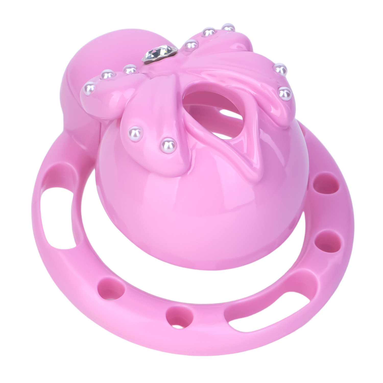 Pink Sissy Bowtie Chastity Cage Small Compact Cute Cockcage with Rhinestones and Breathable Base Rings