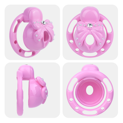 Pink Sissy Bowtie Chastity Cage Small Compact Cute Cockcage with Rhinestones and Breathable Base Rings