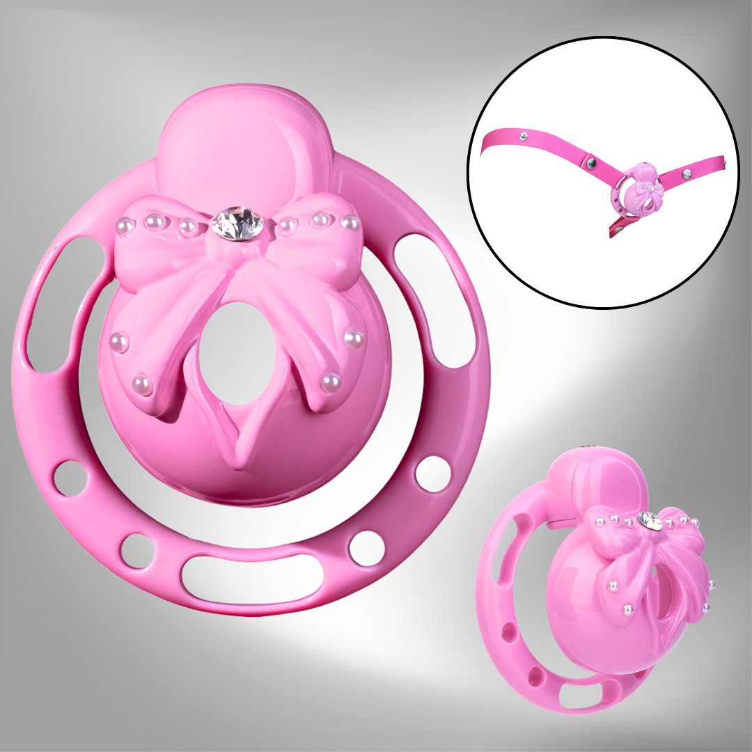 Pink Sissy Bowtie Chastity Cage Small Compact Cute Cockcage with Rhinestones and Breathable Base Rings