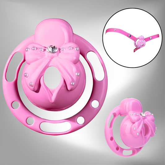 Pink Sissy Bowtie Chastity Cage Small Compact Cute Cockcage with Rhinestones and Breathable Base Rings