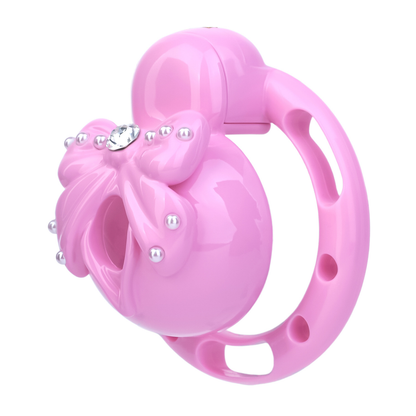 Pink Sissy Bowtie Chastity Cage Small Compact Cute Cockcage with Rhinestones and Breathable Base Rings