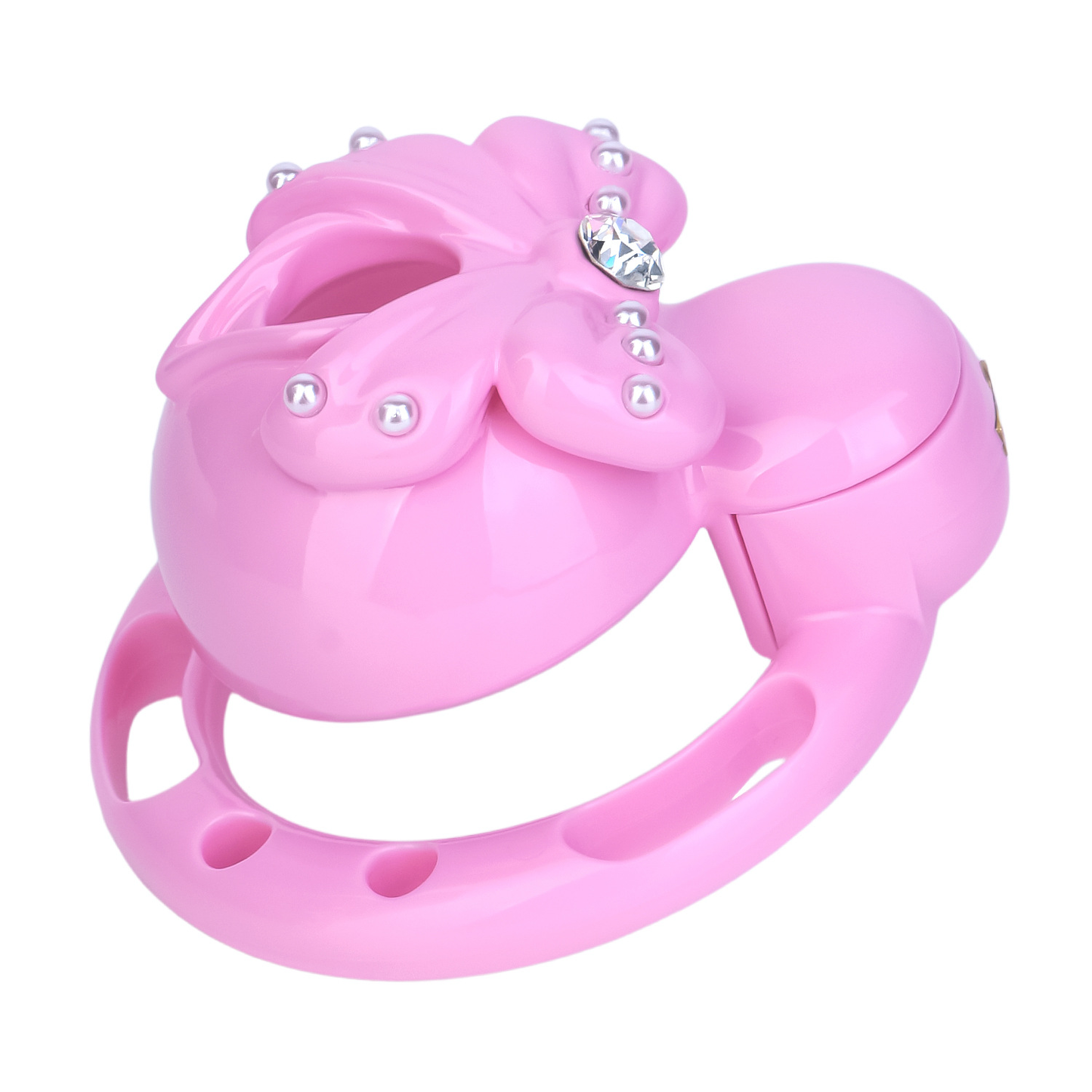 Pink Sissy Bowtie Chastity Cage Small Compact Cute Cockcage with Rhinestones and Breathable Base Rings