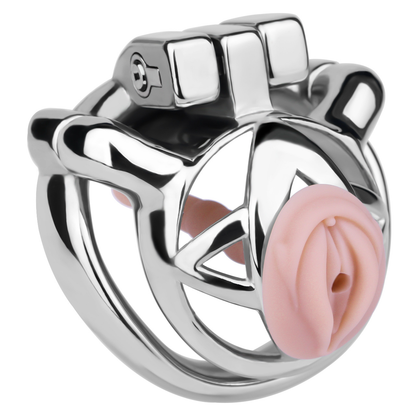 Micro Metal Chastity Cage with Easy-Pee Hole and Silicone Pussy Catheter