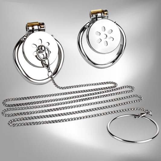 Stainless Steel Flat Chastity Cage with Removable Chain Leash