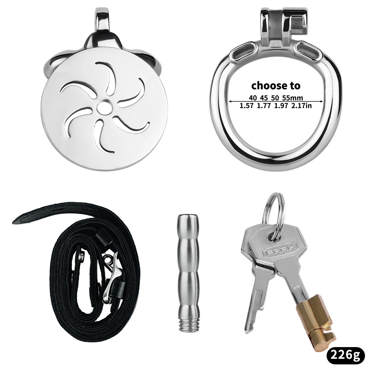 Flat Metal Male Chastity Cage with Strap and Catheter Ventilated Cock Lock