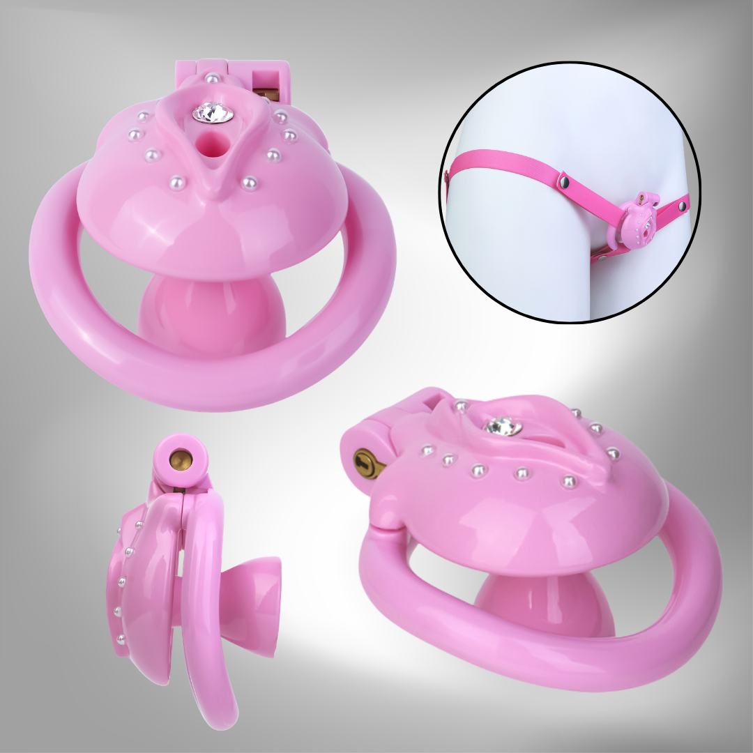 Pink Sissy Inverted Chastity Cage Clitoris Diamond Chastity Lock for Ladyboys