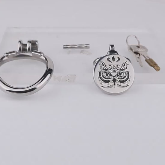 Midnight Owl Flat Stainless Steel Chastity Cage with Removable Urethral Catheter