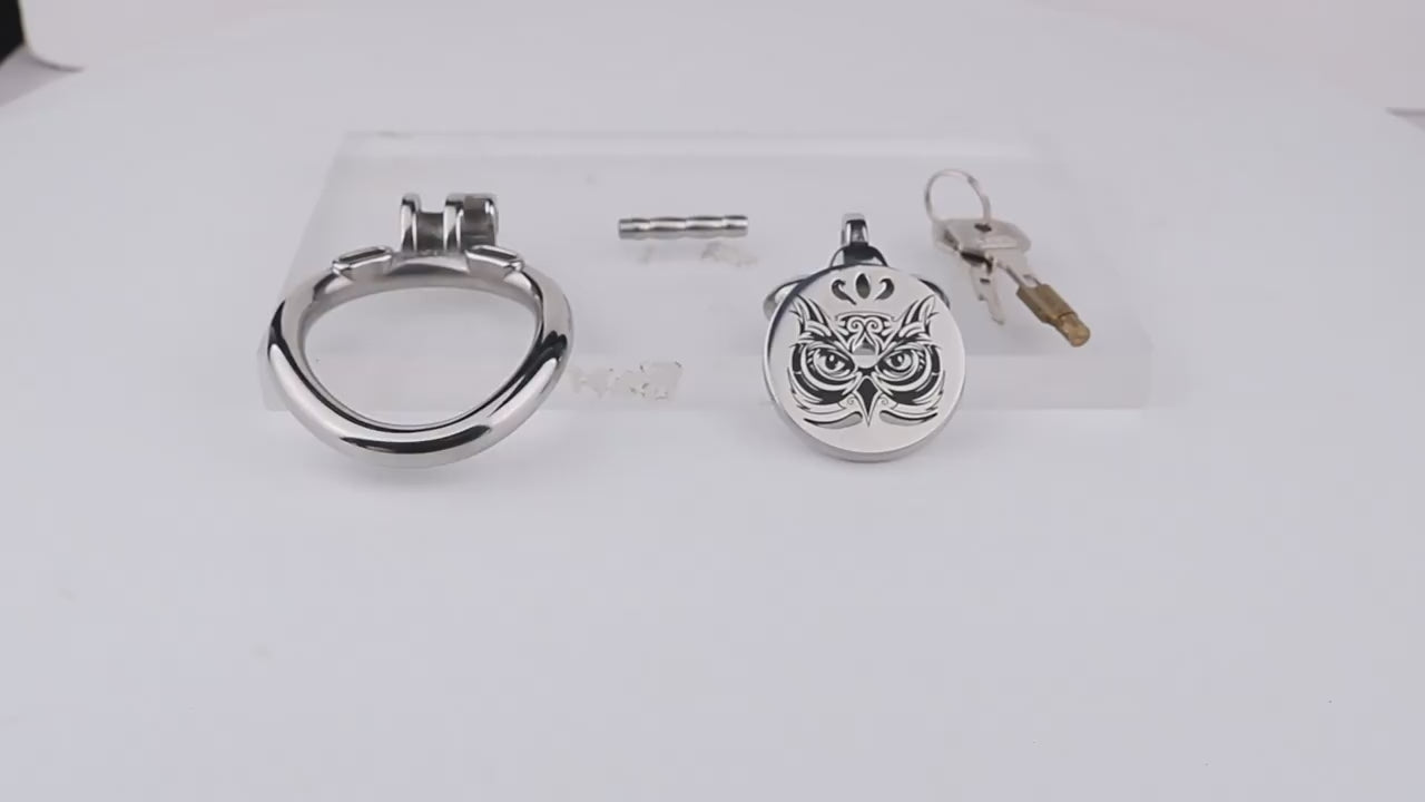 Midnight Owl Flat Stainless Steel Chastity Cage with Removable Urethral Catheter