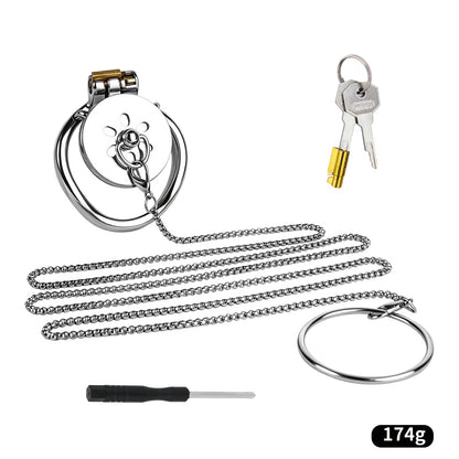 Cage de chasteté plate en acier inoxydable avec laisse à chaîne amovible