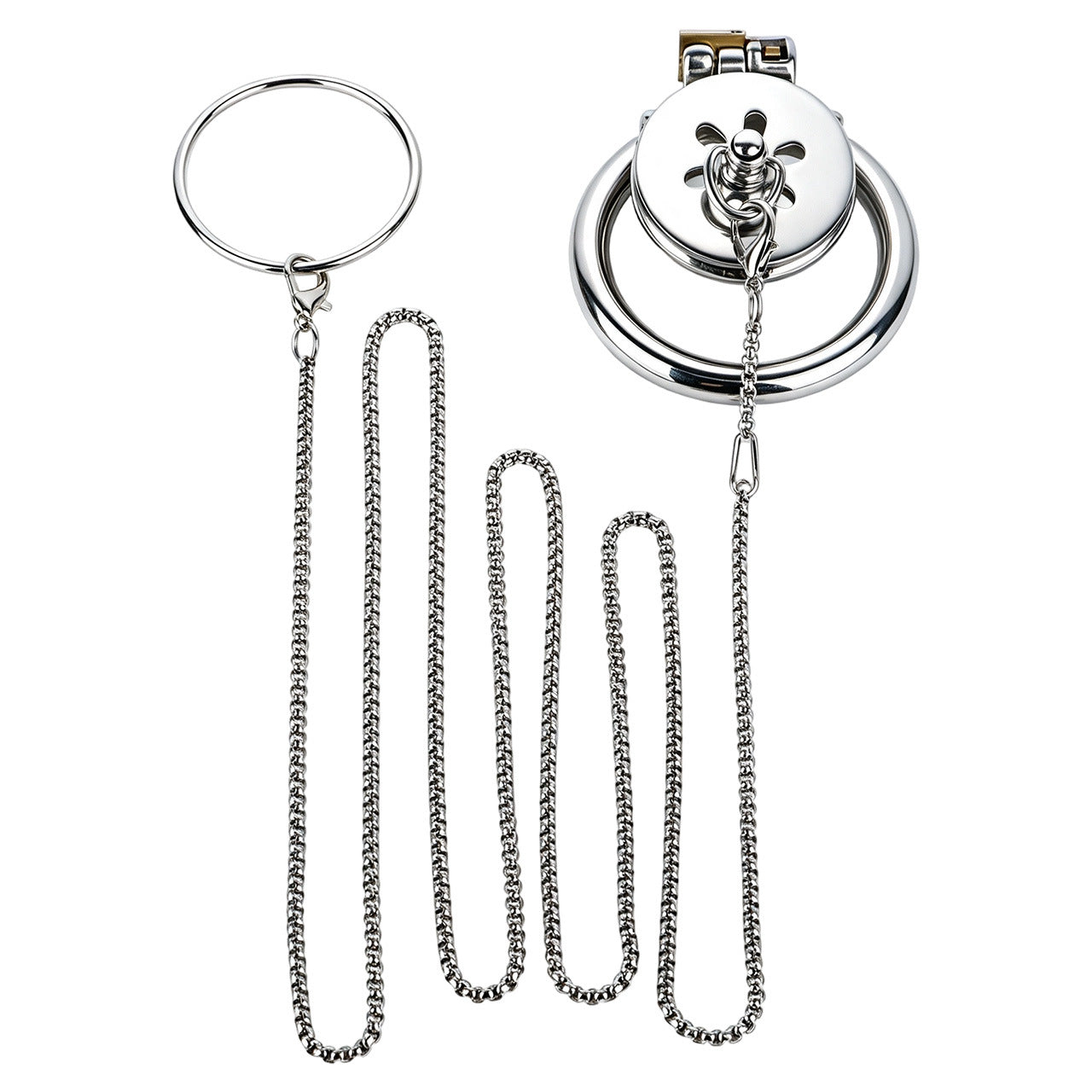 Cage de chasteté plate en acier inoxydable avec laisse à chaîne amovible