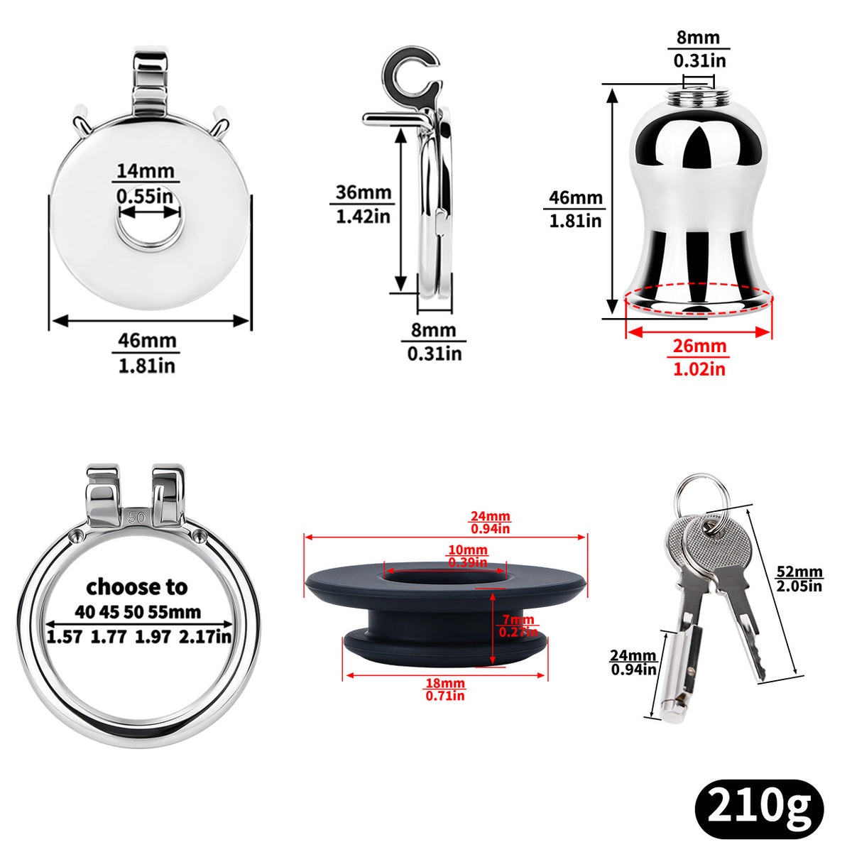 Flat & Inverted  Stainless Steel Chastity Cage - Small to Large Inverted Plugs
