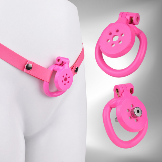 tiny pink flat chastity cage for sissy ladyboy with strap and metal catheter tube