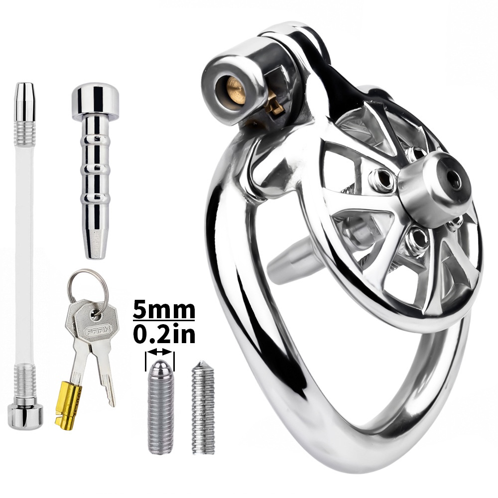 Versatile Flat Chastity Cage with Removable Spikes and Silicone/Metal Catheter Anti-Cheating Device