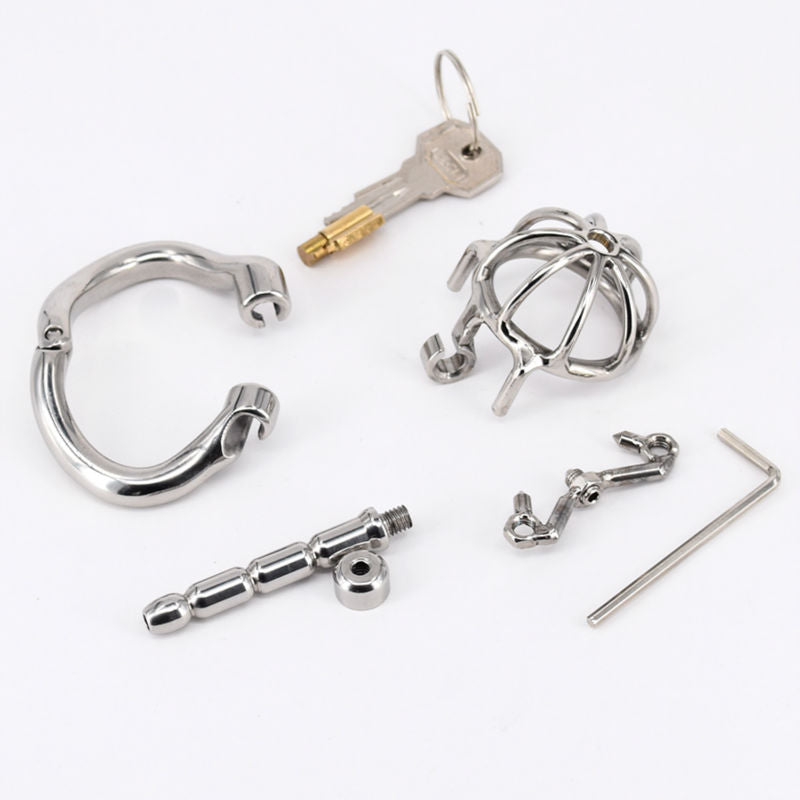 Removable Metal Spiked Chastity Cage with Urethral Stretcher Dilator - InvertedChastity