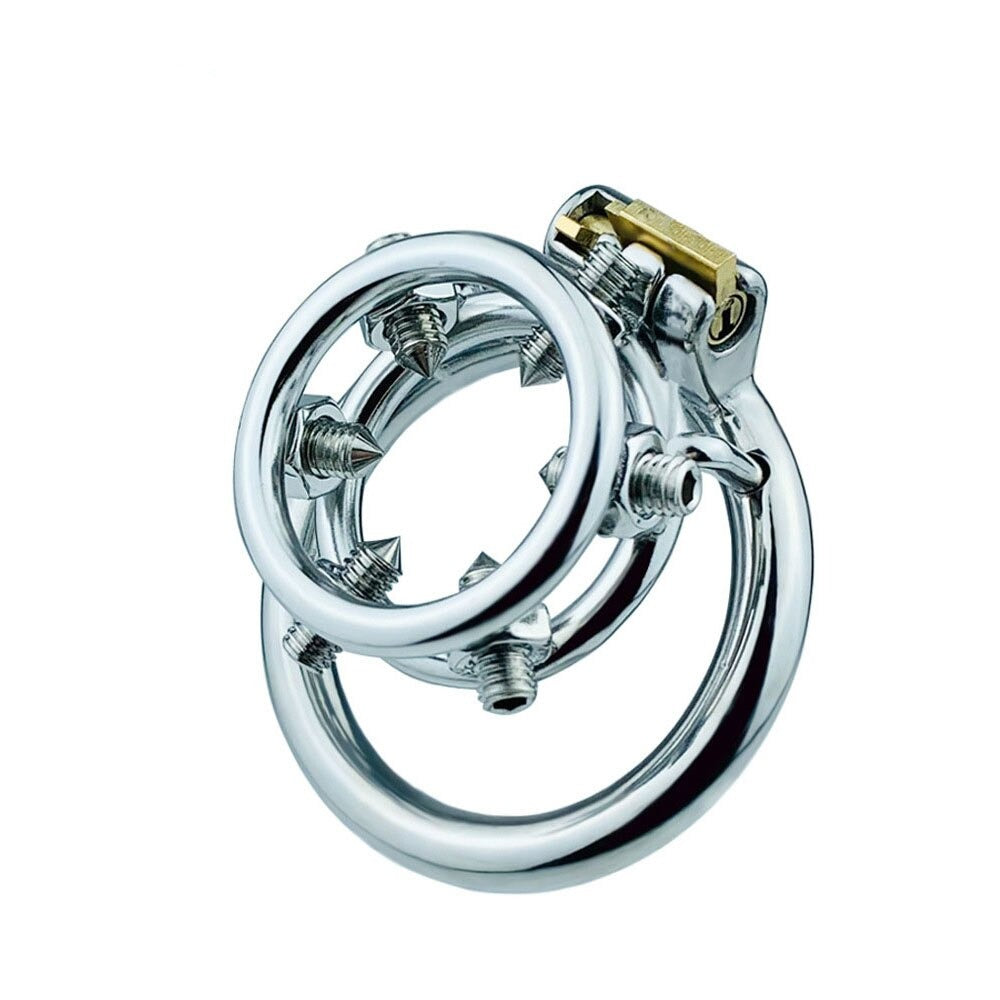 Spiked Chastity Cage - Bolted Metal Cock Cage with 4 Snap Ring Sizes For Option