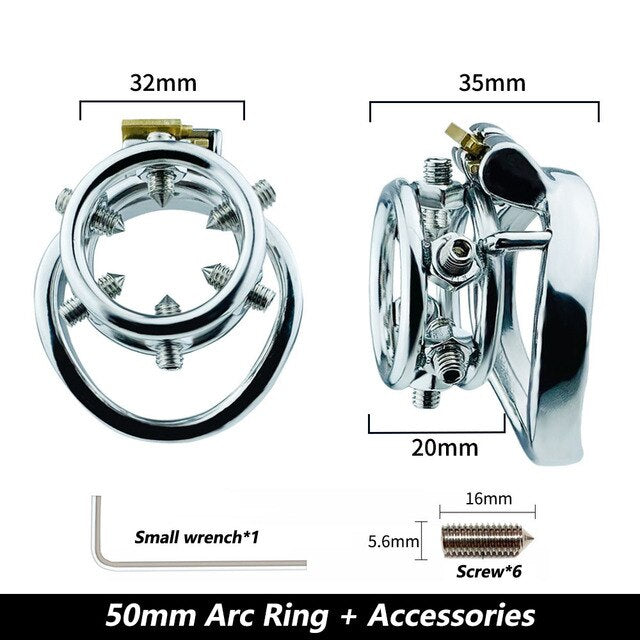 Spiked Chastity Cage - Bolted Metal Cock Cage with 4 Snap Ring Sizes For Option