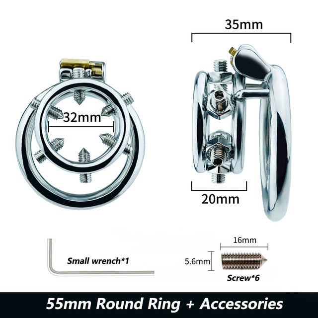 Spiked Chastity Cage - Bolted Metal Cock Cage with 4 Snap Ring Sizes For Option