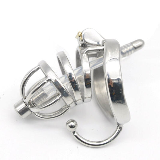 Male Chastity Cock Cage: Stainless Steel Hollow Breathable Sleeve with Urinary Catheter Tube Lock - KeepMeLocked