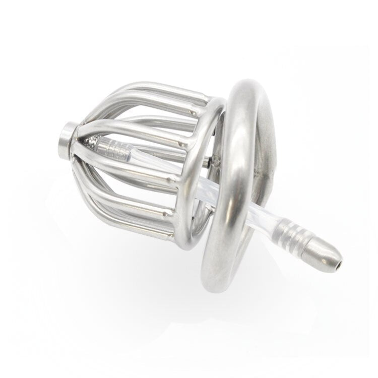 Small Metal Chastity Cock Cage For Men with Urinary Catheter, Penis Ring, and Lock - KeepMeLocked