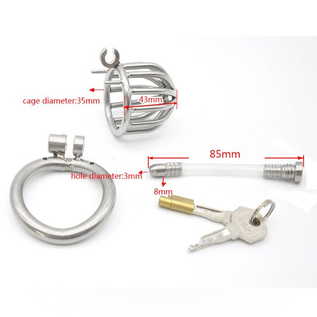 Small Metal Chastity Cock Cage For Men with Urinary Catheter, Penis Ring, and Lock - KeepMeLocked