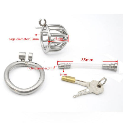 Small Metal Chastity Cock Cage For Men with Urinary Catheter, Penis Ring, and Lock - KeepMeLocked