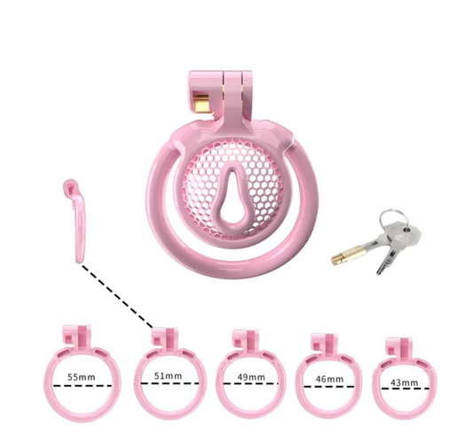 Vaginal Small Pink Chastity Cage Set for Sissy - Includes 5 Rings wide Urine Hole