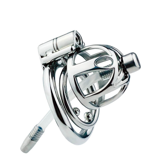 Male Stainless Steel Chastity Cage With Silicone/Metal Urethral Tube - KeepMeLocked